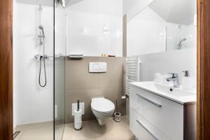 W łazience znajduje się prysznic, toaleta i umywalka. w obiekcie Willa Marea w mieście Sopot