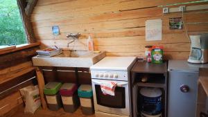 a small kitchen with a sink and a stove at Cabanes Sainte Camelle in Saint-Victor-Rouzaud