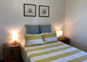 a bedroom with a bed with two lamps on tables at The Boat House in Strahan