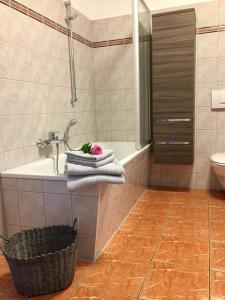 a bathroom with a bath tub and a sink at Ferienwohnung am Wasser Villa Graf von Pfeil in Dresden