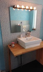 a bathroom with a white sink and a mirror at Logies Zen aan Zee in Ostend