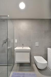 a white toilet sitting in a bathroom next to a shower at Smart & Green Living by Ambiente in Bratislava