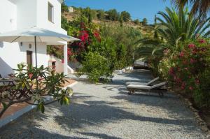 un chemin avec bancs et fleurs à côté d'un bâtiment dans l'établissement Casandalusí, à Frigiliana