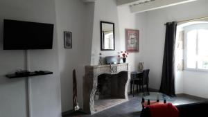 uma sala de estar com lareira e televisão em La Bastide Cévenole em Rochegude