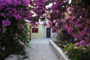 a walkway with purple flowers in front of a building at Alfamiano in Alfarim