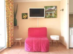 a pink chair sitting in a room with a tv at Les Ecrins de la Badine - hameaux in Hyères