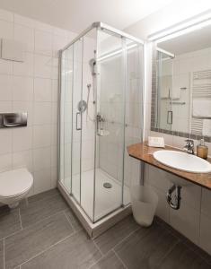ein Bad mit einer Dusche, einem Waschbecken und einem WC in der Unterkunft SeeHotel Wassermann in Seebruck