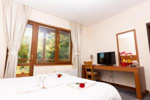 a bedroom with two beds and a desk and a television at Hotel Saint Nedelya in Kolarovo