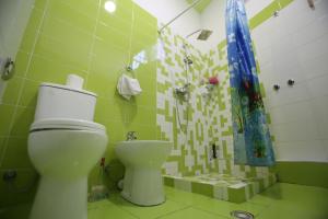 a bathroom with a toilet and a shower at Hotel Pasarela in Berat +27 photos