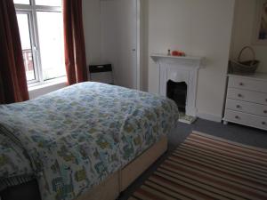 a bedroom with a bed and a fireplace at Simon's Cosy House in Bangor