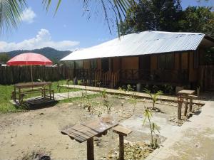 a house with a table and a bench in front of it at Nelmann's Nipa Huts in San Vicente +20 photos