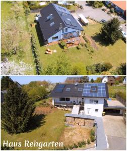 two pictures of a house with solar panels on it at Schwarzwald Boutique-Apartment HAUS REHGARTEN in Gaggenau