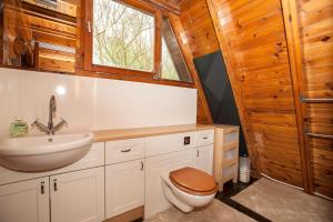a bathroom with a sink and a toilet and a window at Grafham Water Lodge in Grafham