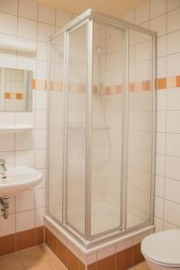 een douche in een badkamer met een toilet en een wastafel bij Haus Grillensee in Naunhof