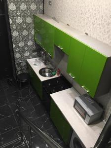 ウラジカフカスにあるОднокомнатная-двухуровневая квартираのキッチン(緑のキャビネット、シンク付)