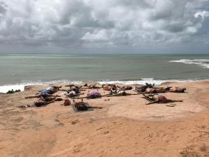 a group of people laying in the sand on the beach at Lagarto Na Banana Hostel in Pipa