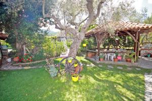 a garden with a tree and a wooden gazebo at Villa Angela in Vourvourou