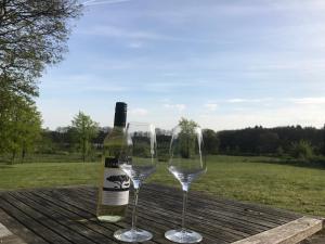 eine Flasche Wein und zwei Weingläser auf dem Tisch in der Unterkunft B&B Het Rijkzicht in Groesbeek