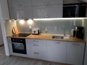 a kitchen with white cabinets and a sink at Sea Suite Garden & Pines in Łukęcin