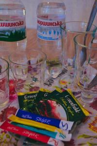 Vishnya Hostel في دنيبروبيتروفسك: طاولة عليها كاسات وزجاجات ماء