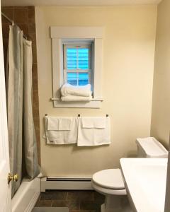 a bathroom with a toilet and a window and towels at East Side Private Apartment in Providence