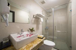 ein Bad mit einem Waschbecken, einer Dusche und einem WC in der Unterkunft Galliot Central Hotel in Hanoi