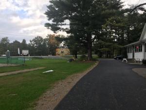 eine Straße neben einem Park mit einem Baum und einem Gebäude in der Unterkunft Catskill Motor Court in Catskill