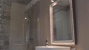 La salle de bains est pourvue d'une douche, d'un lavabo et d'un miroir. dans l'établissement LE MOULIN DE L'ORTILLE, à Compiègne
