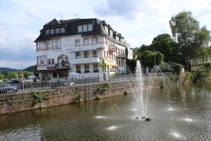 a fountain in a pond in front of a building at Posthotel in Bad Bertrich