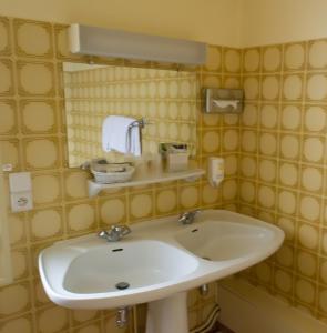 uma casa de banho com um lavatório branco e um espelho. em La Tete Noire em Montrichard