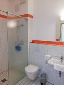 ein Bad mit einem WC und einem Waschbecken in der Unterkunft Naturfreundehaus Bodensee in Radolfzell am Bodensee