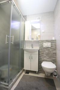 a bathroom with a shower and a toilet and a sink at Seher in Sarajevo