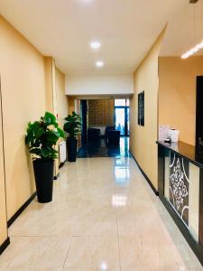um corredor com vasos de plantas num edifício em Lords Hotel em Tbilisi