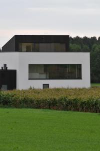 Cette maison moderne présente une façade noire et blanche. dans l'établissement Maison la Belle Vue, à Mont-de-l'Enclus