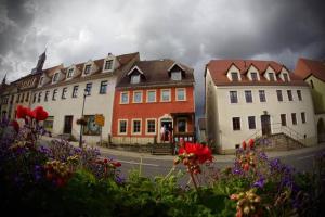 a group of buildings on a city street with flowers at Pension Behnisch in Strehla
