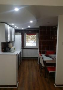 eine Küche und ein Esszimmer mit einem Tisch und einem Fenster in der Unterkunft Honey rooms Hunedoara in Hunedoara