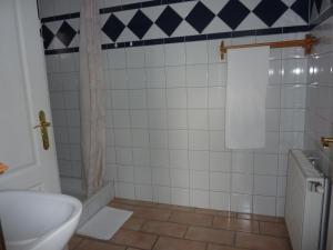y baño con bañera, aseo y lavamanos. en Fészek Apartmanház, en Vonyarcvashegy