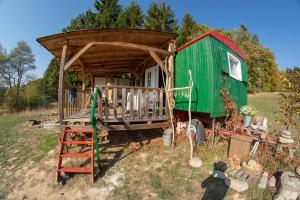 a tiny house and a green shed on the back of a truck at Maringotka ticha in Dvůr Králové nad Labem +27 photos