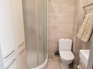 a bathroom with a shower and a toilet and a sink at Apartamentai Vilniaus Street in Šiauliai