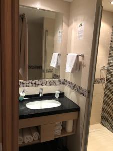 a bathroom with a sink and a mirror and a shower at Apartman Viktor in Kopaonik
