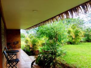 a porch with a view of a garden with palm trees at Hare Henua Bed & Breakfast in Hanga Roa