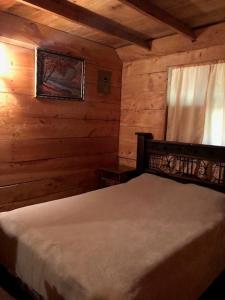 1 dormitorio con 1 cama en una cabaña de madera en Cabaña de montaña La Magnolia, Cerro de la Muerte De La Cañuela Cloud Forest, en Tres de Junio