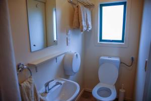 a bathroom with a toilet and a sink and a mirror at Central City Camping Park in Invercargill