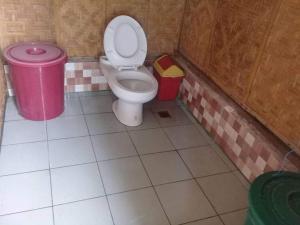 ein Badezimmer mit einem WC und einem Mülleimer in der Unterkunft Junior & Nemesia's Cottages in Baclayon