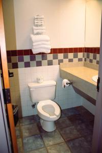 La salle de bains est pourvue de toilettes, d'un lavabo et de serviettes. dans l'établissement Americas Best Value Inn-Fredonia, à Fredonia