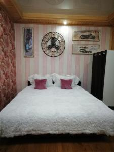 ヘルソンにある2-х комнатная квартираのベッドルーム(ピンクの枕が付いた白いベッド付)