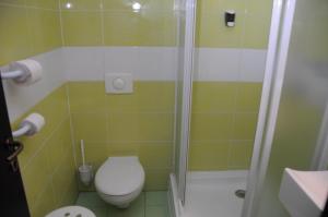 a bathroom with a toilet, sink, and shower stall at Green Hotel Budapest in Budapest