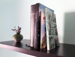 three books sitting on a shelf with a vase at Kamenitza Guest Flat in Plovdiv