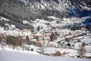 una piccola cittadina nella neve in una montagna di Hotel Brunnerhof a Rasùn di Sotto