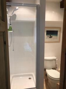 a bathroom with a shower and a toilet at Over The Bridge Guest House in Ripponden